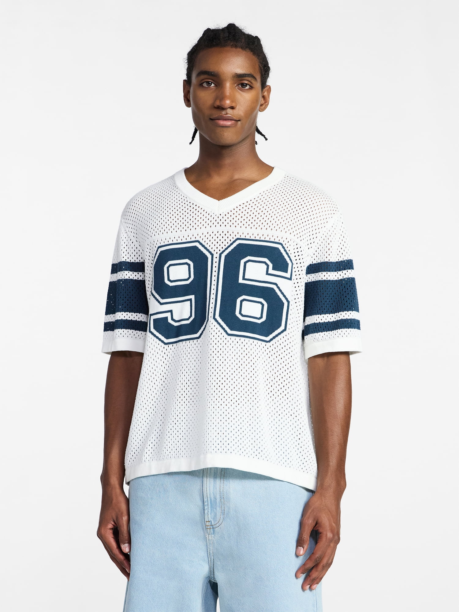 No Boundaries Mesh Sweater Knit Football Jersey Inspired Shirt with Short Sleeves, Men's XS-3XL