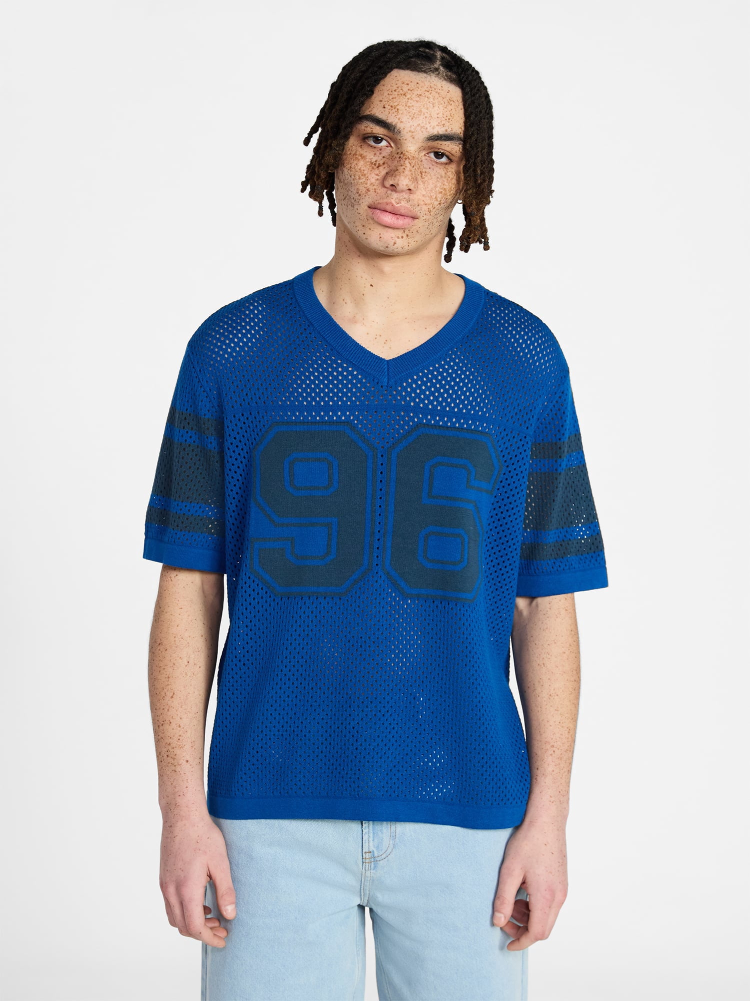 No Boundaries Mesh Sweater Knit Football Jersey Inspired Shirt with Short Sleeves, Men's XS-3XL