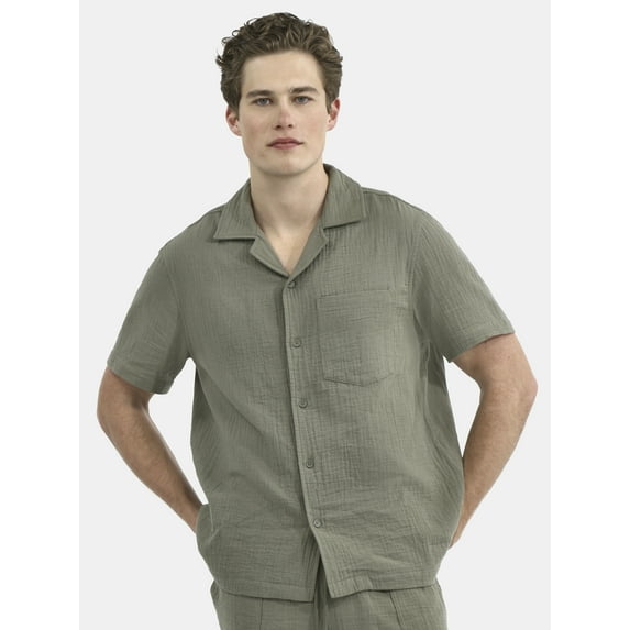 No Boundaries Men's & Big Men's Cotton Gauze Button Front Shirt, Sizes XS-5XL