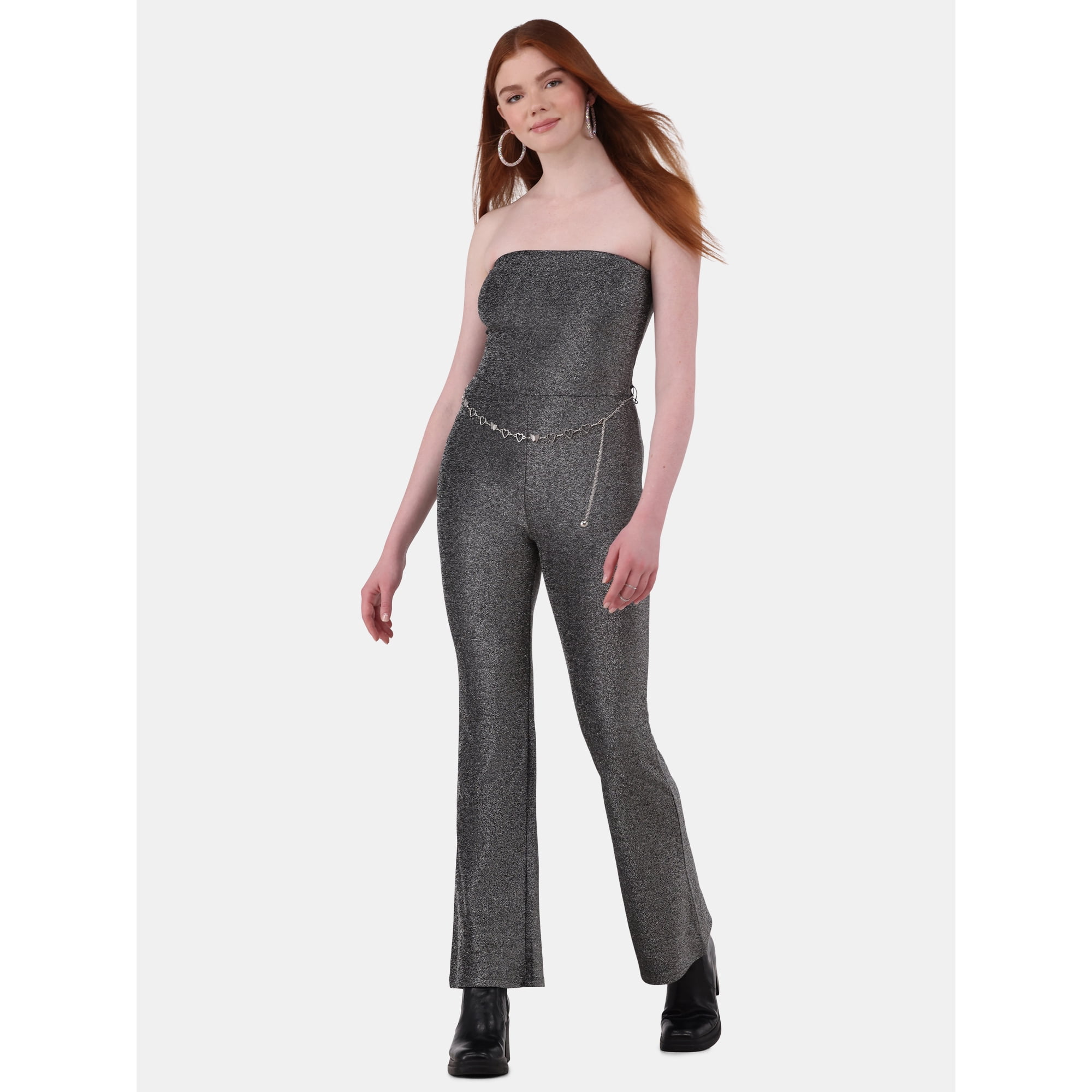 No Boundaries Metallic Belted Tube Jumpsuit, Women's and Women’s Plus
