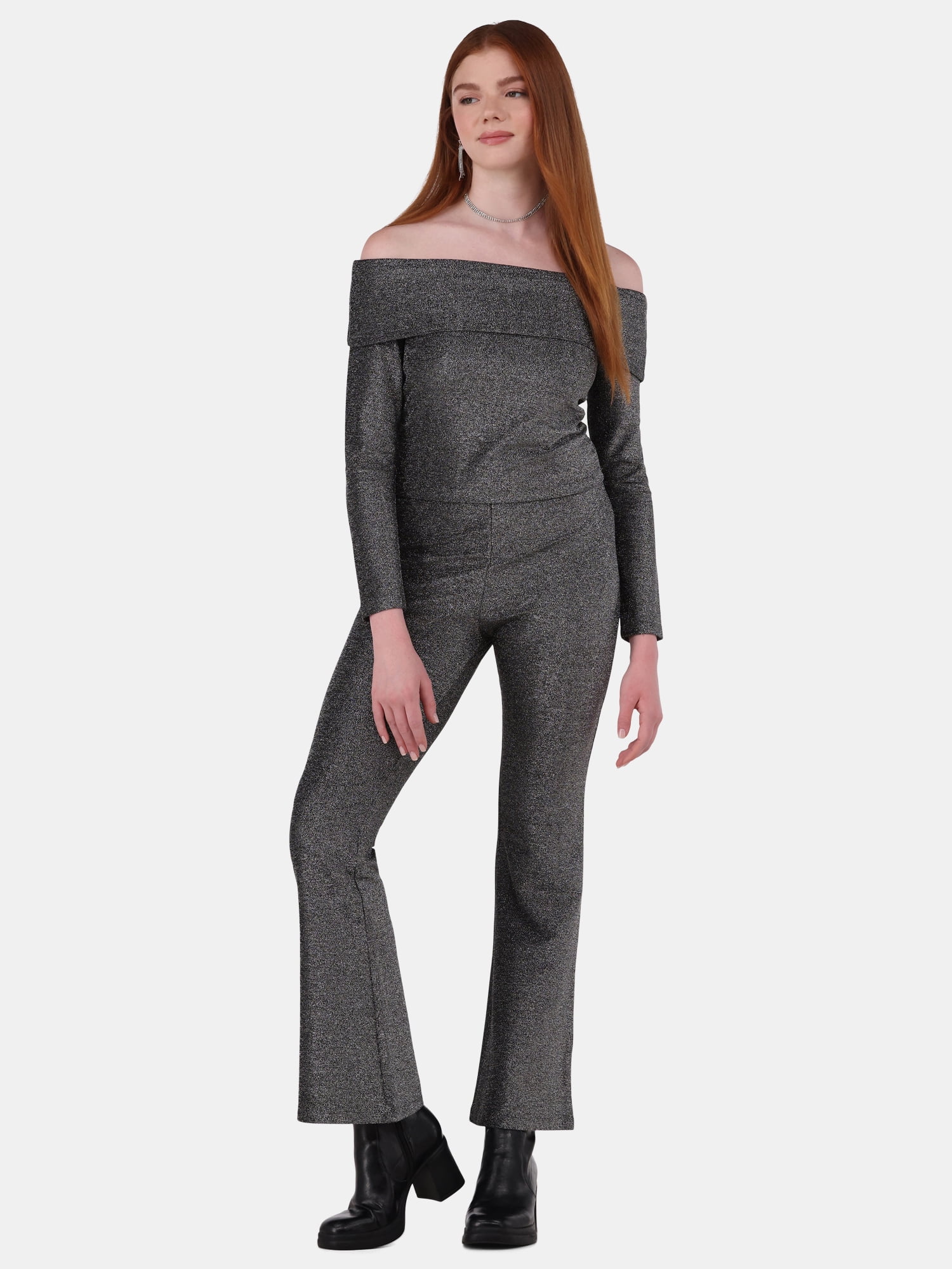 No Boundaries Metallic Off the Shoulder Top and Flare Pant Set, 2-Piece, Women's
