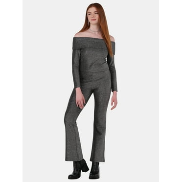 No Boundaries Metallic Off-the-Shoulder Top & Flare Pants Set, 2-Piece, Women's and Women’s Plus