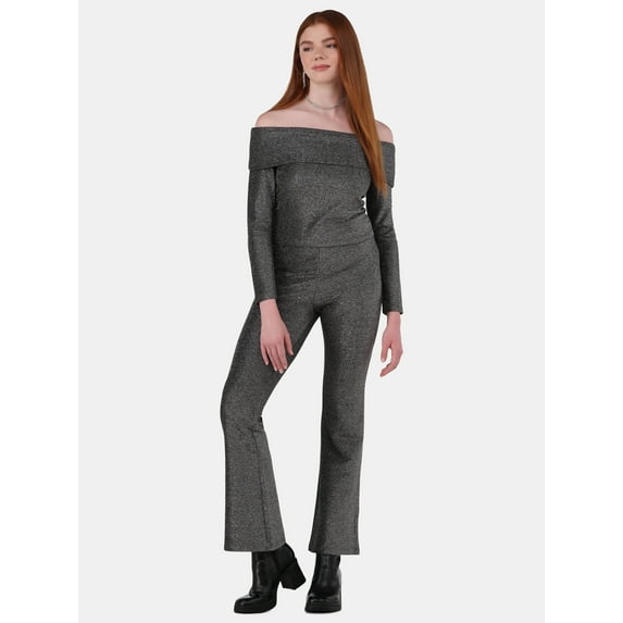 No Boundaries Metallic Off-the-Shoulder Top & Flare Pants Set, 2-Piece, Women's and Women’s Plus