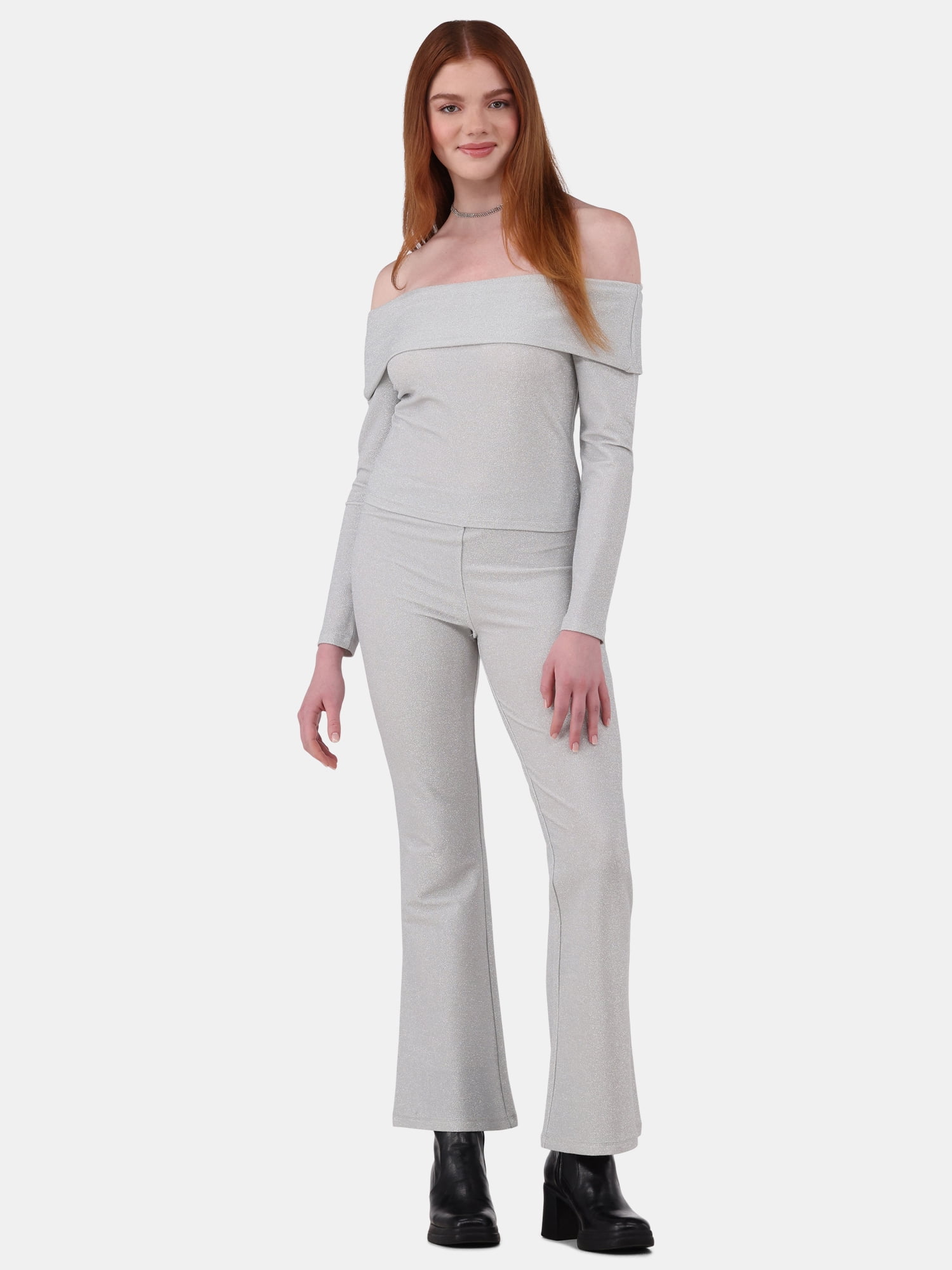 No Boundaries Metallic Off the Shoulder Top and Flare Pant Set, 2-Piece, Women's