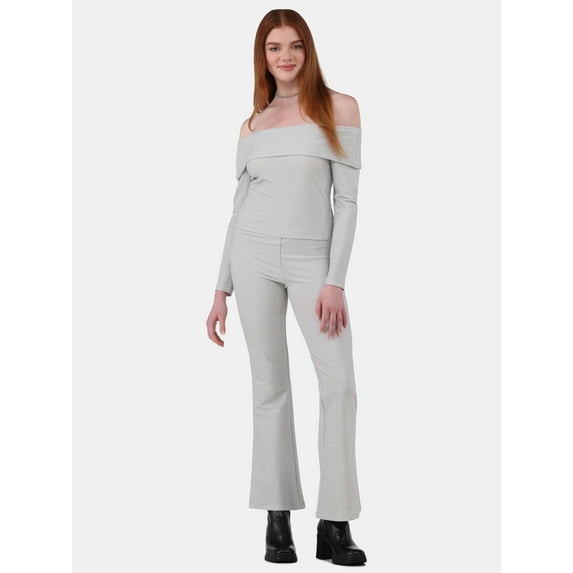 No Boundaries Metallic Off-the-Shoulder Top & Flare Pants Set, 2-Piece, Women's and Women’s Plus