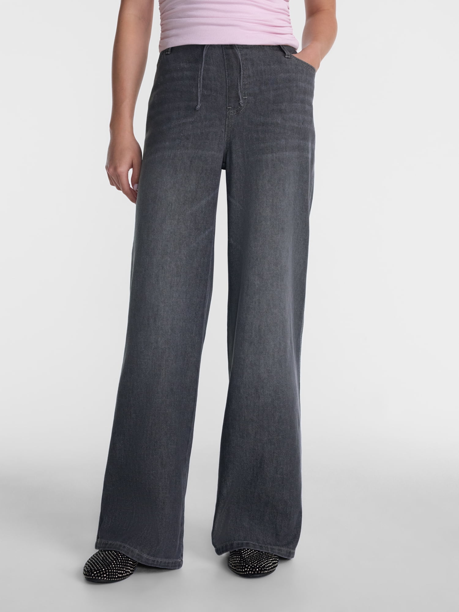 No Boundaries Mini Waistband Wide Leg Pants, 31'' Inseam, Women's XXS-XXL
