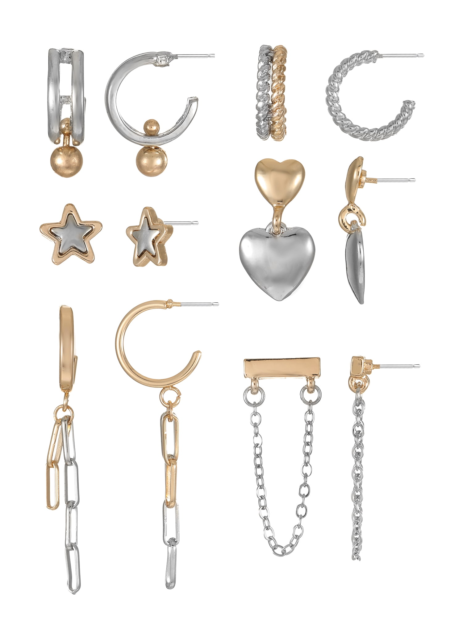No Boundaries Mixed Gold-Tone and Silver-Tone Earring Set with Studs and Mini Hoops, 6-Pack, Women's