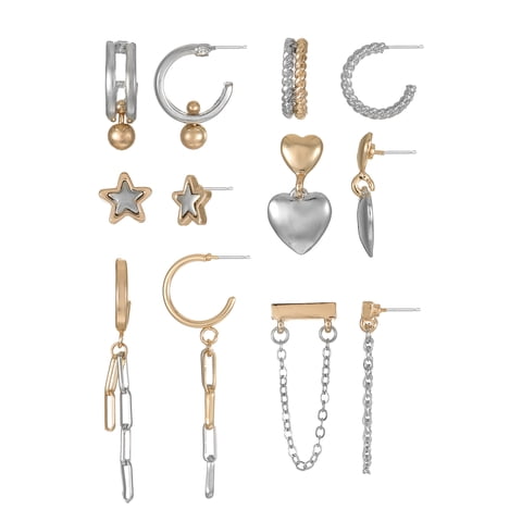 Mixed Gold-Tone and Silver-Tone Earring Set with Studs and Mini Hoops, 6-Pack, Women's