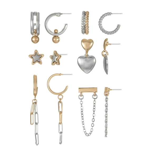No Boundaries Mixed Gold-Tone and Silver-Tone Earring Set with Studs and Mini Hoops, 6-Pack, Women's