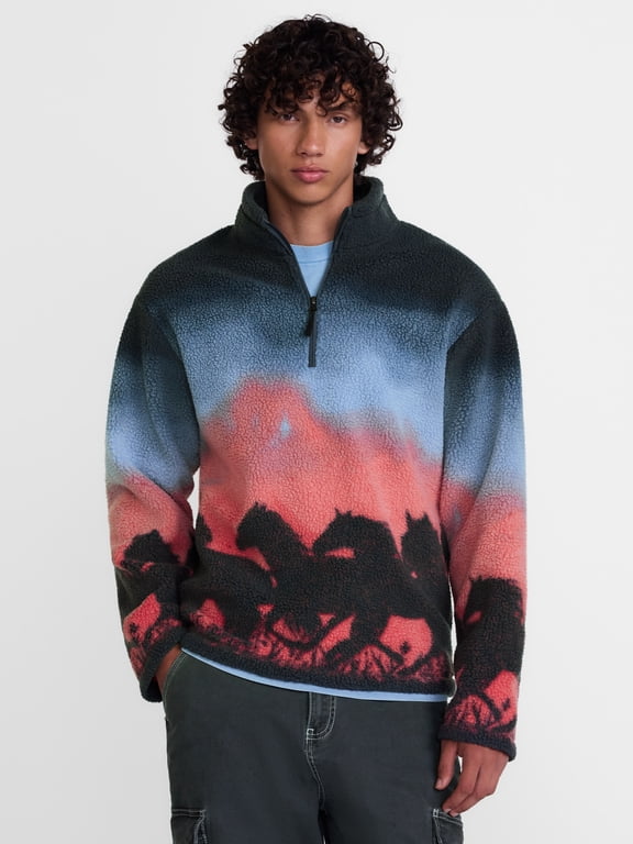 Mock Neck Quarter Zip Fleece Graphic Print Pullover, Men’s XS-4XLT