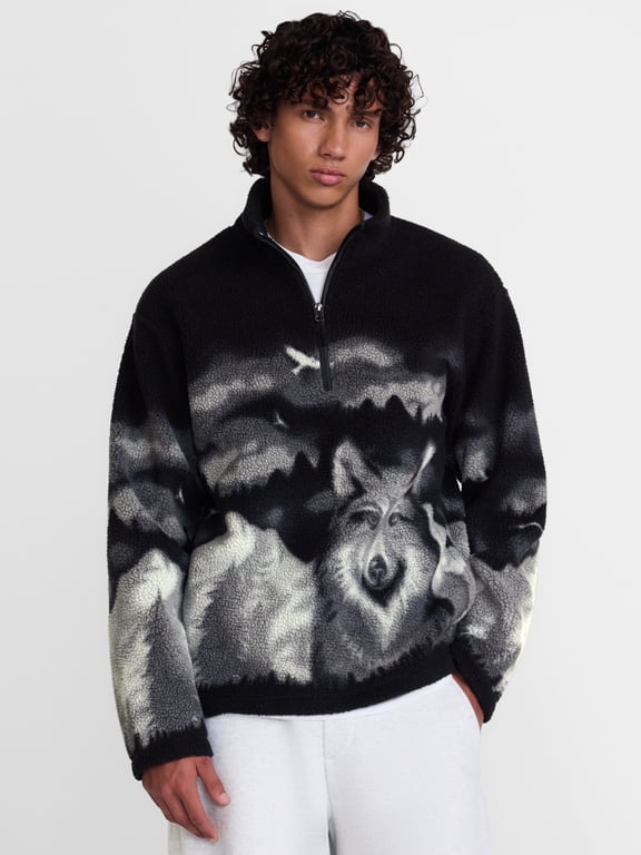 Mock Neck Quarter Zip Fleece Graphic Print Pullover, Men’s XS-4XLT