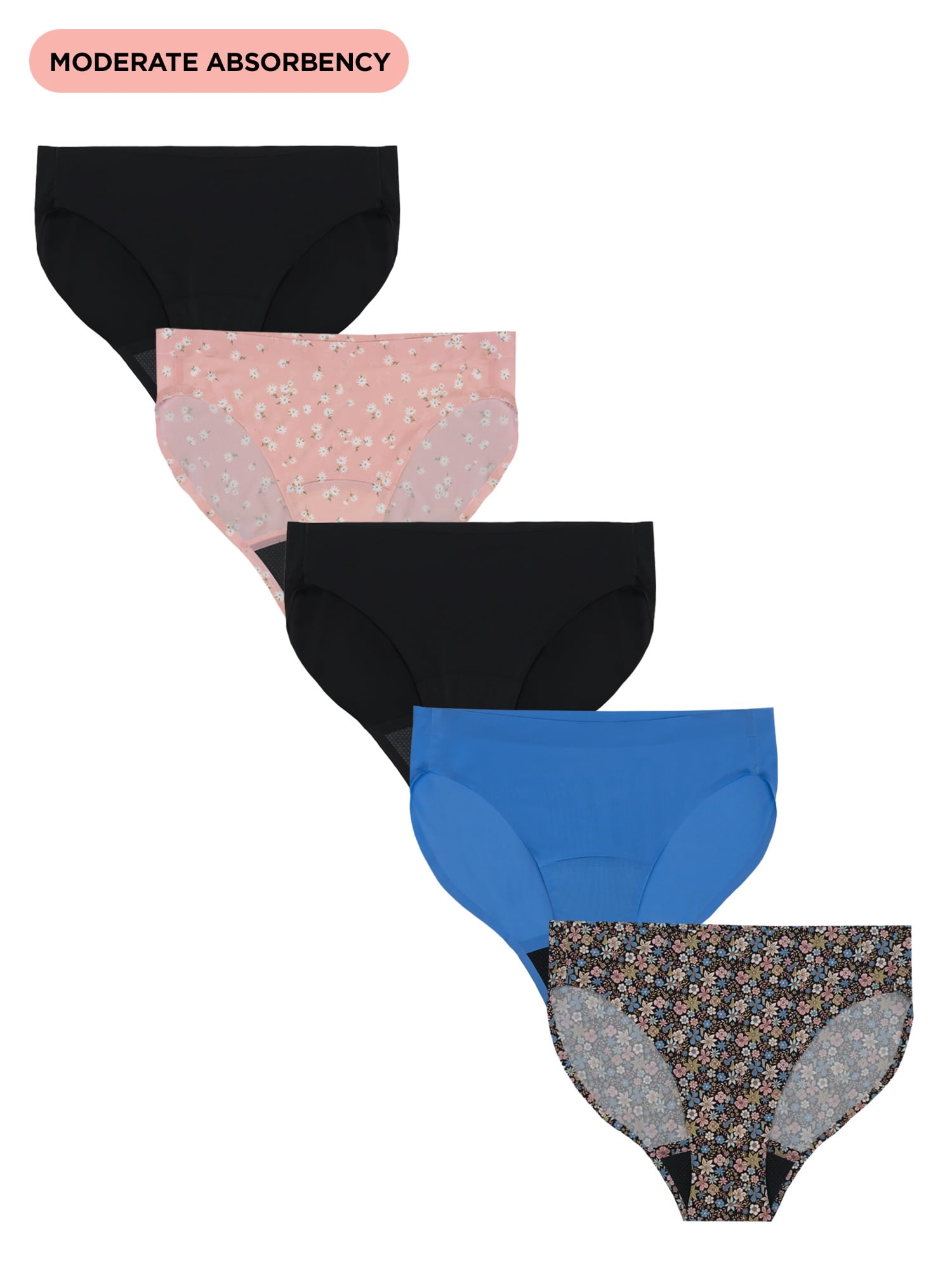 No Boundaries Bikini Moderate Absorbency Period Underwear, 5-Pack, Women’s Sizes S-XXL