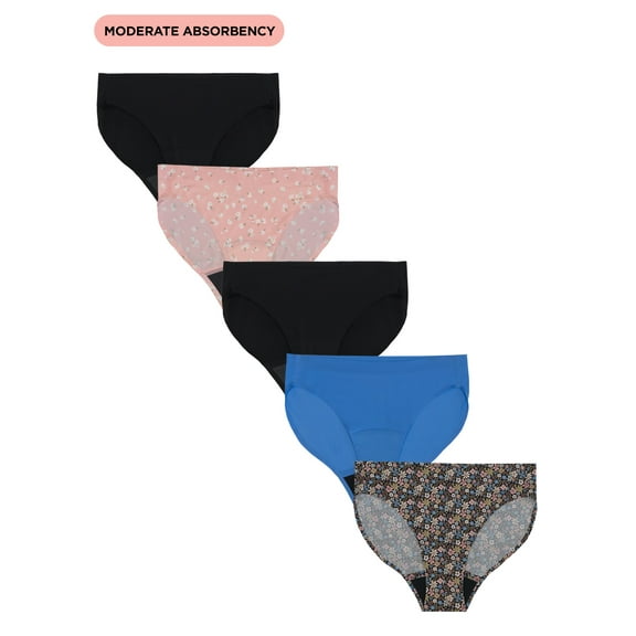 No Boundaries Bikini Moderate Absorbency Period Underwear, 5-Pack, Women’s Sizes S-XXL