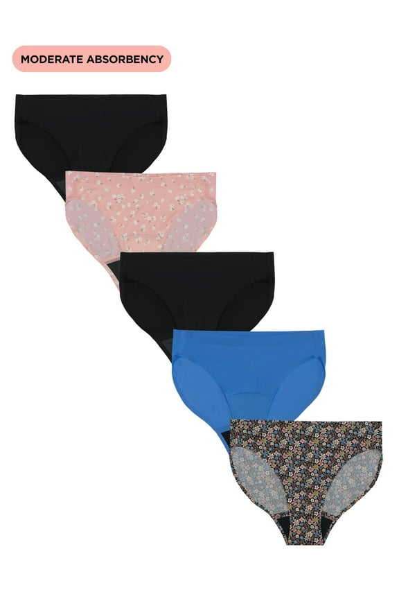 Bikini Moderate Absorbency Period Underwear, 5-Pack, Women’s Sizes S-XXL