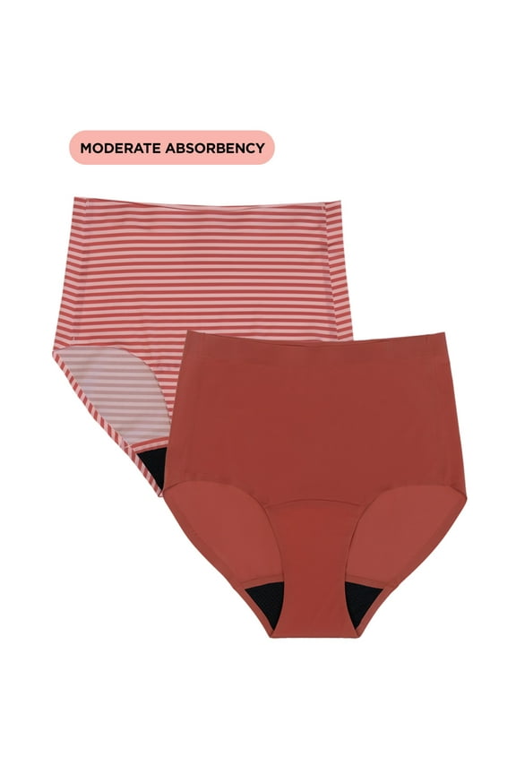 High-Rise Brief Moderate Absorbency Period Underwear, 2-Pack, Women’s XS-XXL