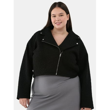 No Boundaries Asymmetric Zip Faux Shearling Moto Jacket, Women's and Women's Plus