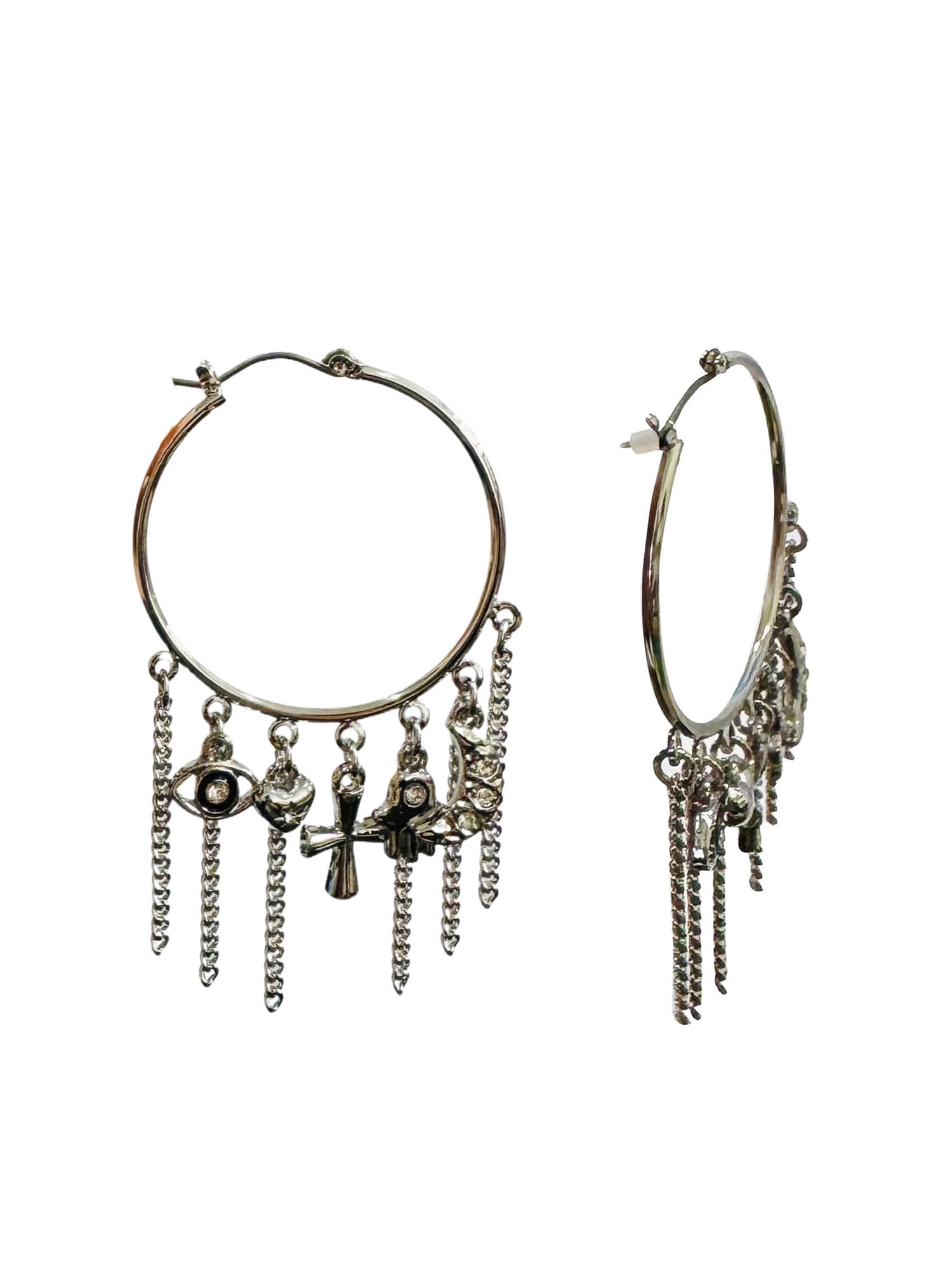 Women's Multi Charm Hoop Rhodium Silver Earrings, 1 Pair