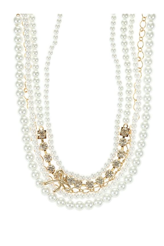 Multi Row Goldtone and Pearl Choker Necklace with Bow Charm, 1 Piece