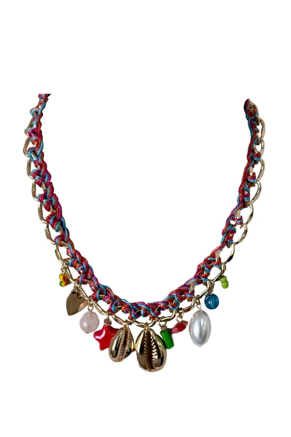 Multicolor Thread Chunky Shell Charm Necklace for Female Adults and Teens
