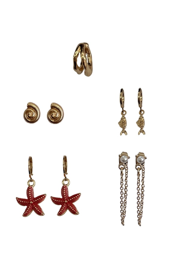 Orange Starfish and Shell Ear Candy for Female Adults and Teens, 6 Pack