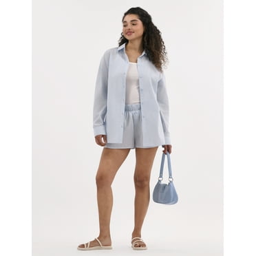 No Boundaries Oversized Button-Up Shirt and Boxer Shorts Set, 2-Piece, Women's