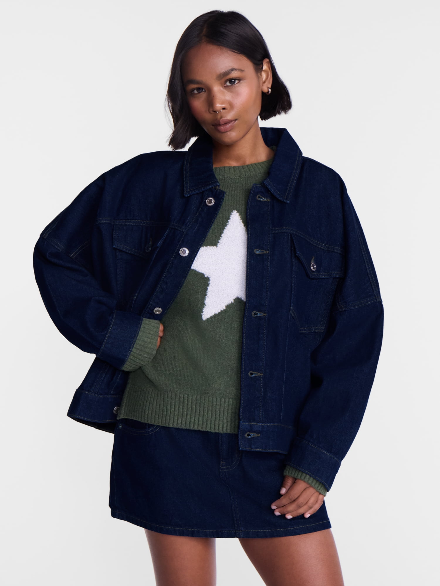 No Boundaries Oversized Denim Cotton Jacket, Women’s XXS-4X