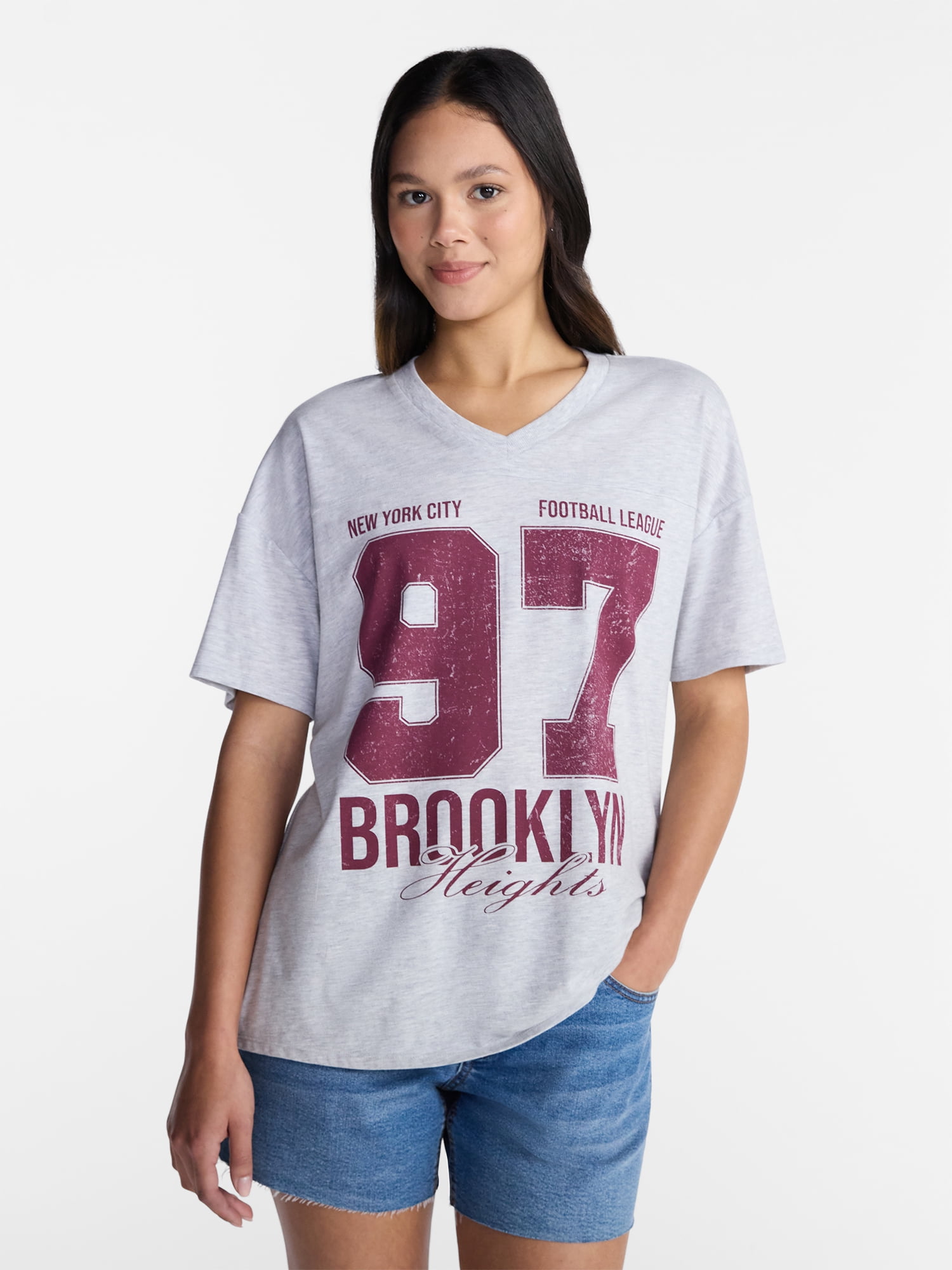 No Boundaries Oversized Graphic V Neck Football Tee, Women's XXS-XXL