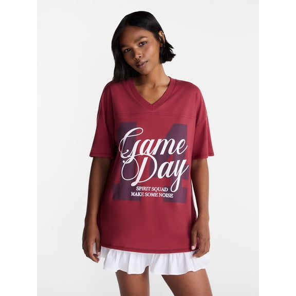 No Boundaries Oversized Graphic V Neck Football Tee, Women's XXS-XXL