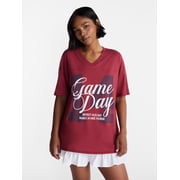 No Boundaries Oversized Graphic V Neck Football Tee, Womens XXS-XXL