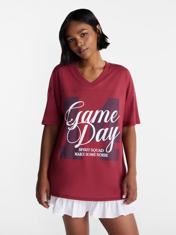Oversized Graphic V Neck Football Tee, Women's XXS-XXL