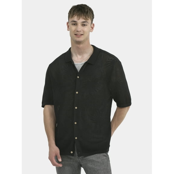 No Boundaries Palms and Mesh Stitch Cotton Button Front Sweater, Men's and Big Men's