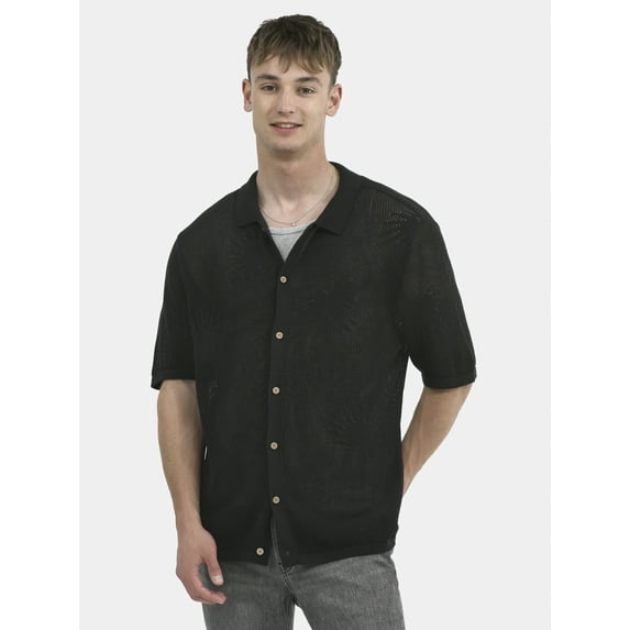 No Boundaries Palms and Mesh Stitch Cotton Button Front Sweater, Men's and Big Men's