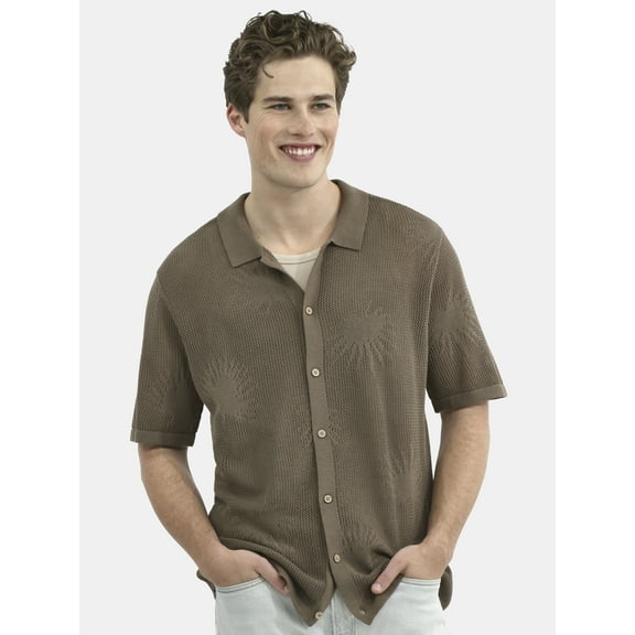 No Boundaries Palms and Mesh Stitch Cotton Button Front Sweater, Men's and Big Men's