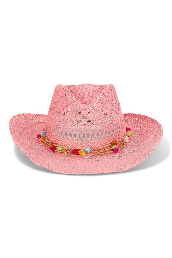 Paper Rancher Hat with Beads, Women’s, One Size, Coral