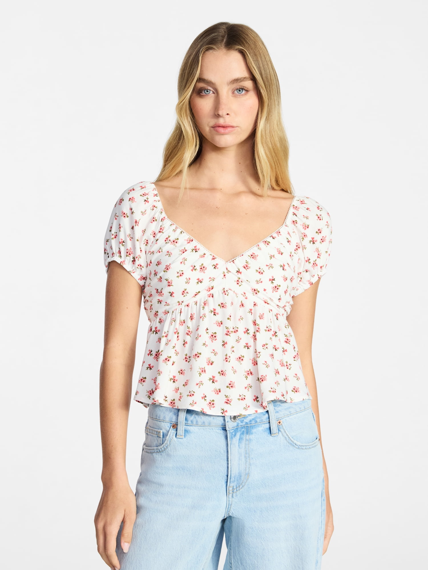 No Boundaries Picot Trim Babydoll Top, Women’s XXS-XXL