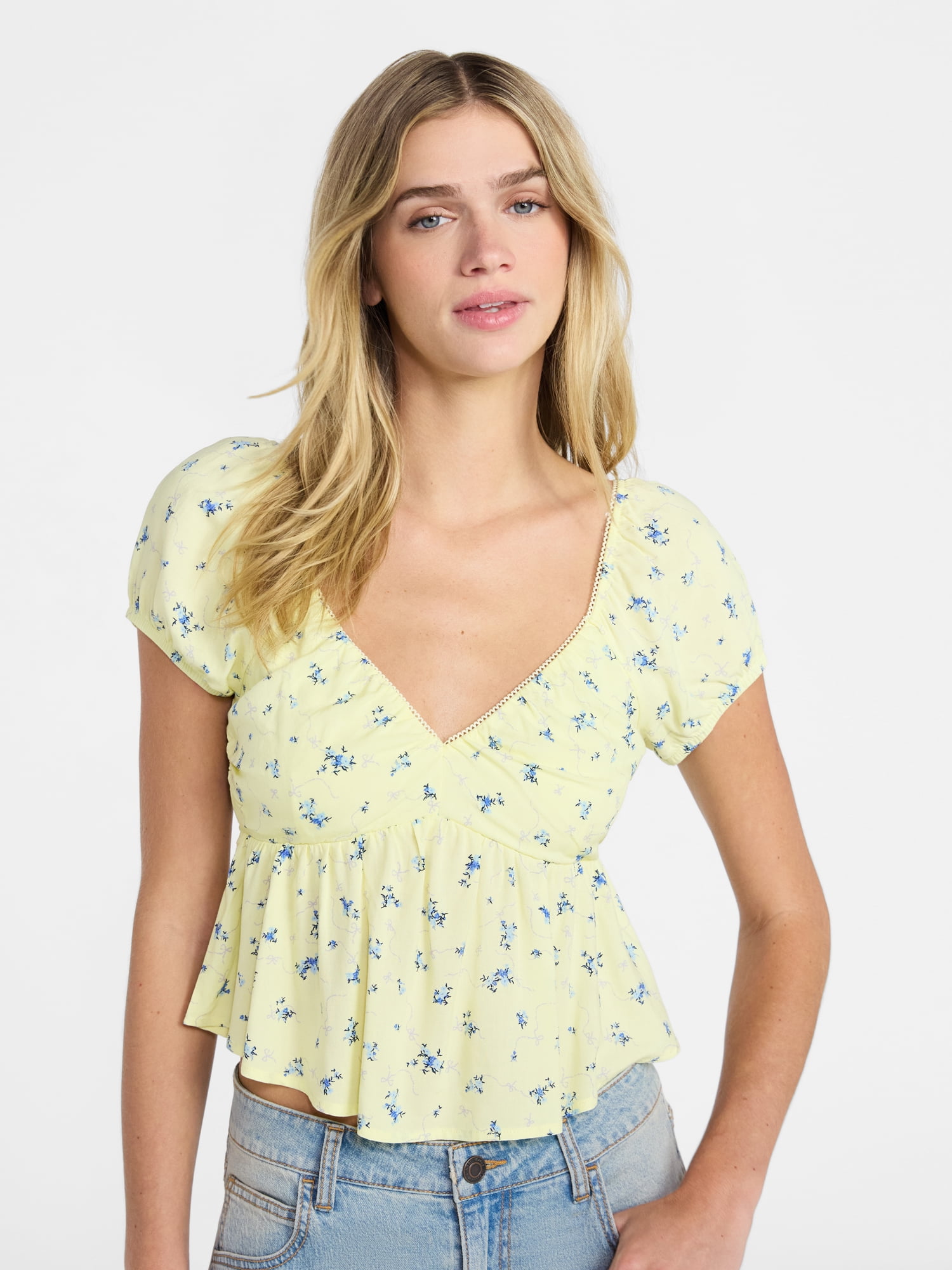 No Boundaries Picot Trim Babydoll Top, Women’s XXS-XXL