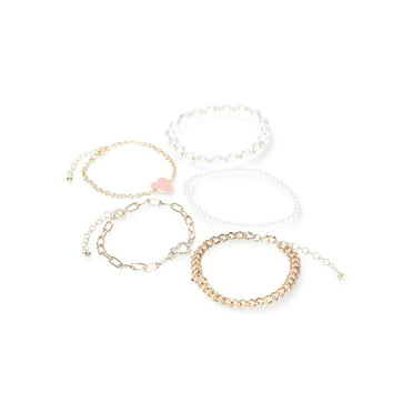 No Boundaries Pink Heart with Metal and Faux Pearl Beaded Stretch Bracelet Set, 5-Pack, Women's