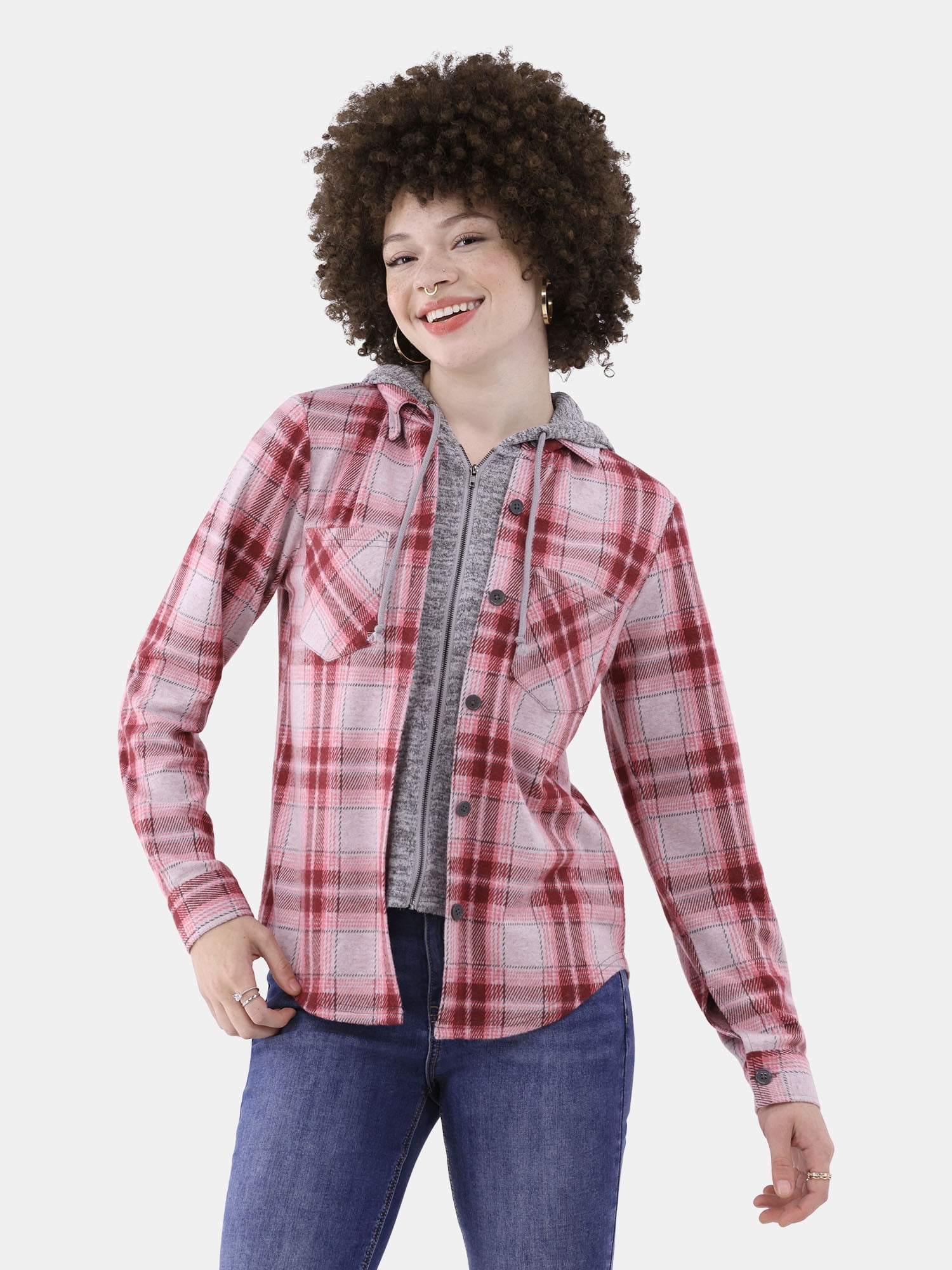 No Boundaries Plaid Button Down Shirt, Women's
