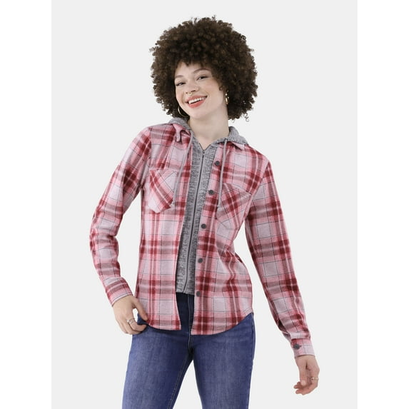No Boundaries Plaid Button Down Shirt, Women's