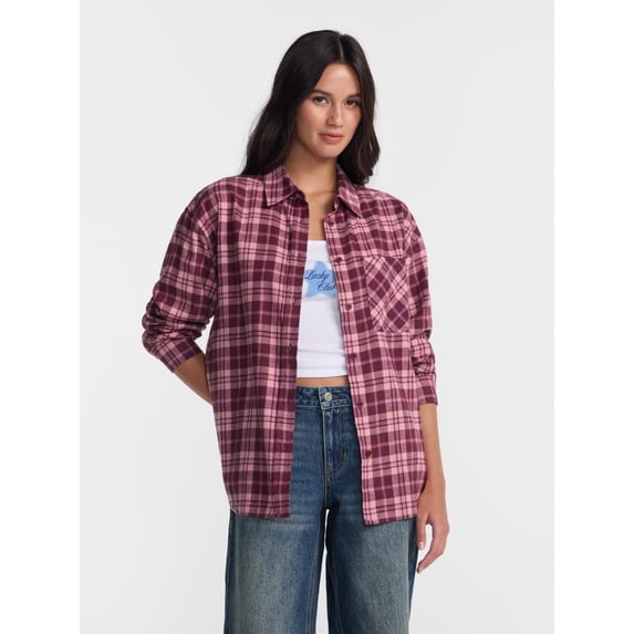 No Boundaries Plaid Flannel Shirt with Long Sleeves, Women's XXS-XXL