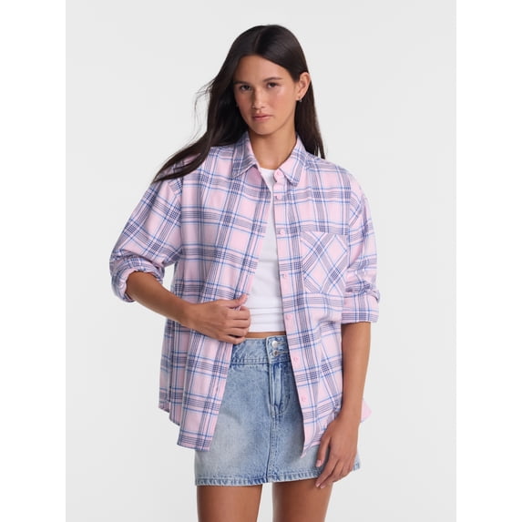No Boundaries Plaid Flannel Shirt with Long Sleeves, Women's XXS-XXL