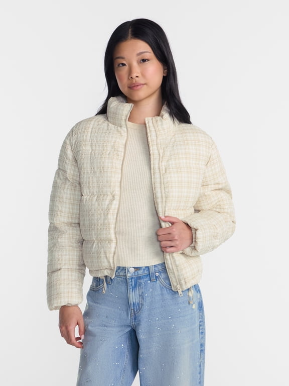 Plaid Print Puffer Jacket, Women's & Women's Plus XXS-4X