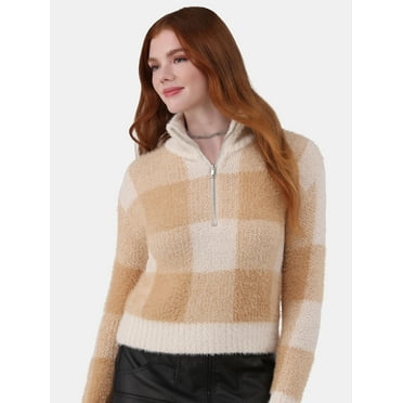 No Boundaries Plaid Quarter Zip Pullover Sweater, Women's and Women’s Plus