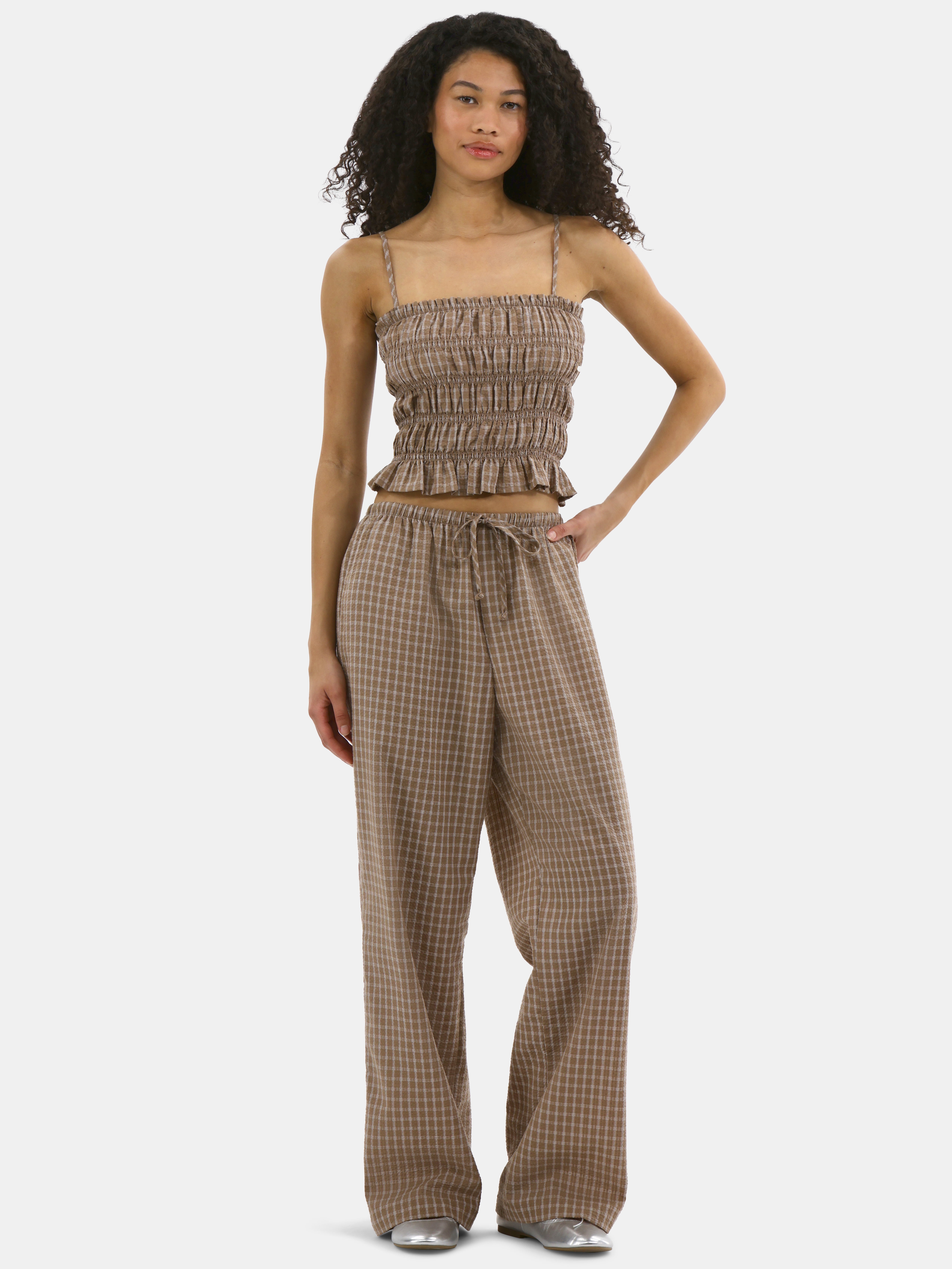 No Boundaries Striped Seersucker Ruffle Cami and Drawstring Pant Set 2 Piece Women s