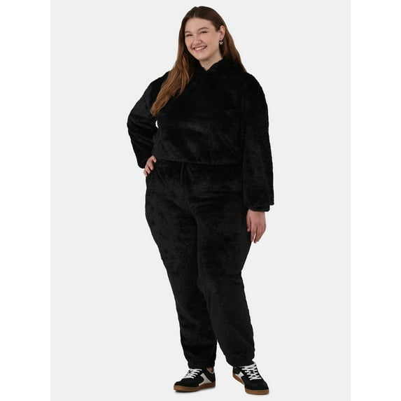 No Boundaries Plush Embossed Hoodie & Sweatpants Set, 2-Piece, Women's and Women’s Plus