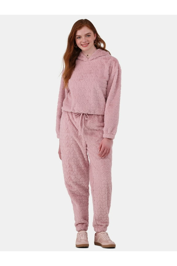 Plush Embossed Hoodie & Sweatpants Set, 2-Piece, Women's and Women’s Plus