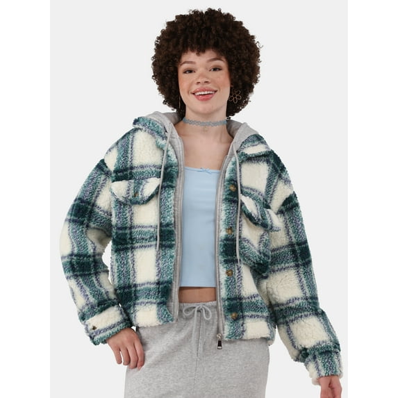 No Boundaries Plush Hoodie Shacket, Women's