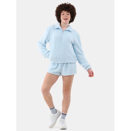 No Boundaries Half Zip Pullover and Shorts Plush Set, 2-Piece, Women's