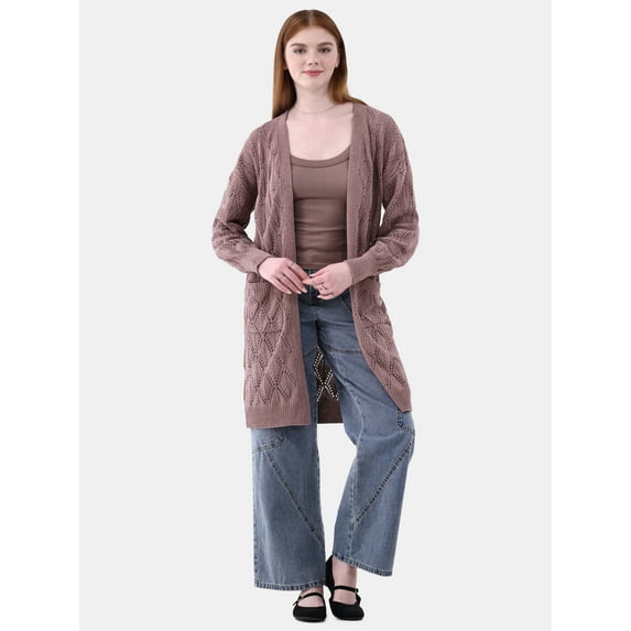 No Boundaries Pointelle Duster Cardigan, Women's and women's Plus Size XXS-2XL