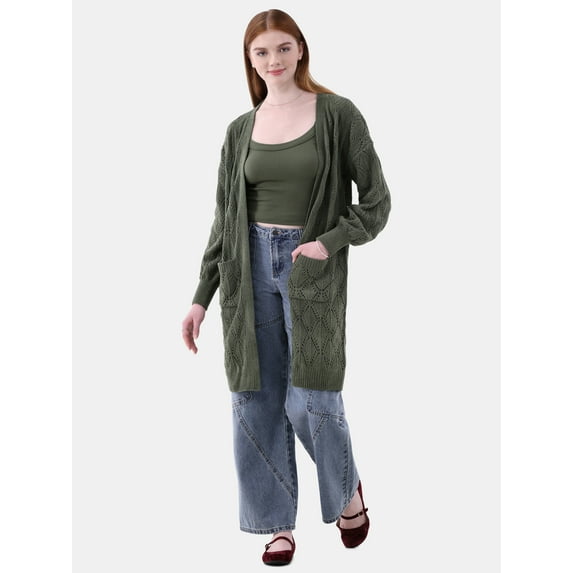 No Boundaries Pointelle Duster Cardigan, Women's and women's Plus Size XXS-2XL